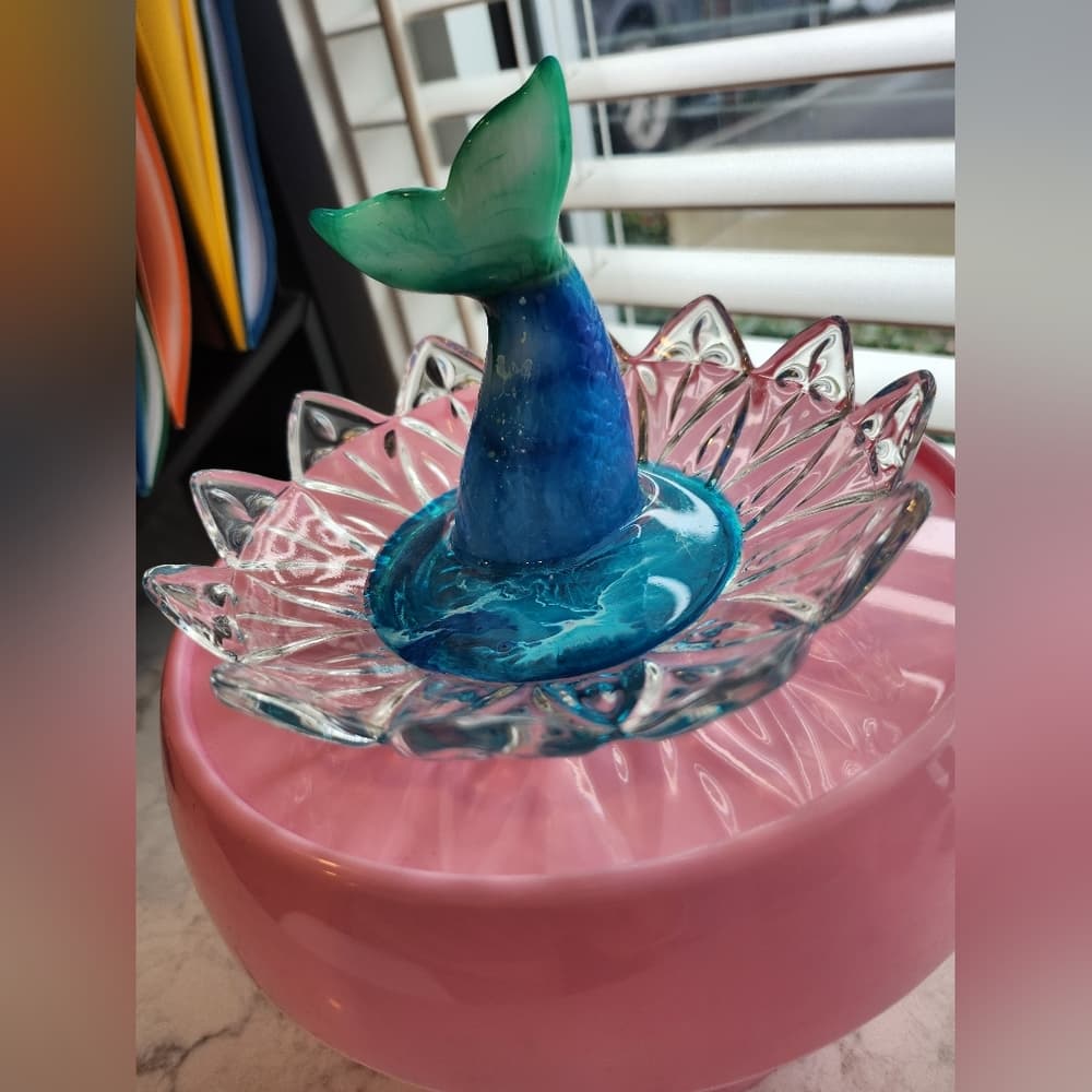 Upcycled Vintage Glass Dish with Resin Mermaid Tail Ocean Theme