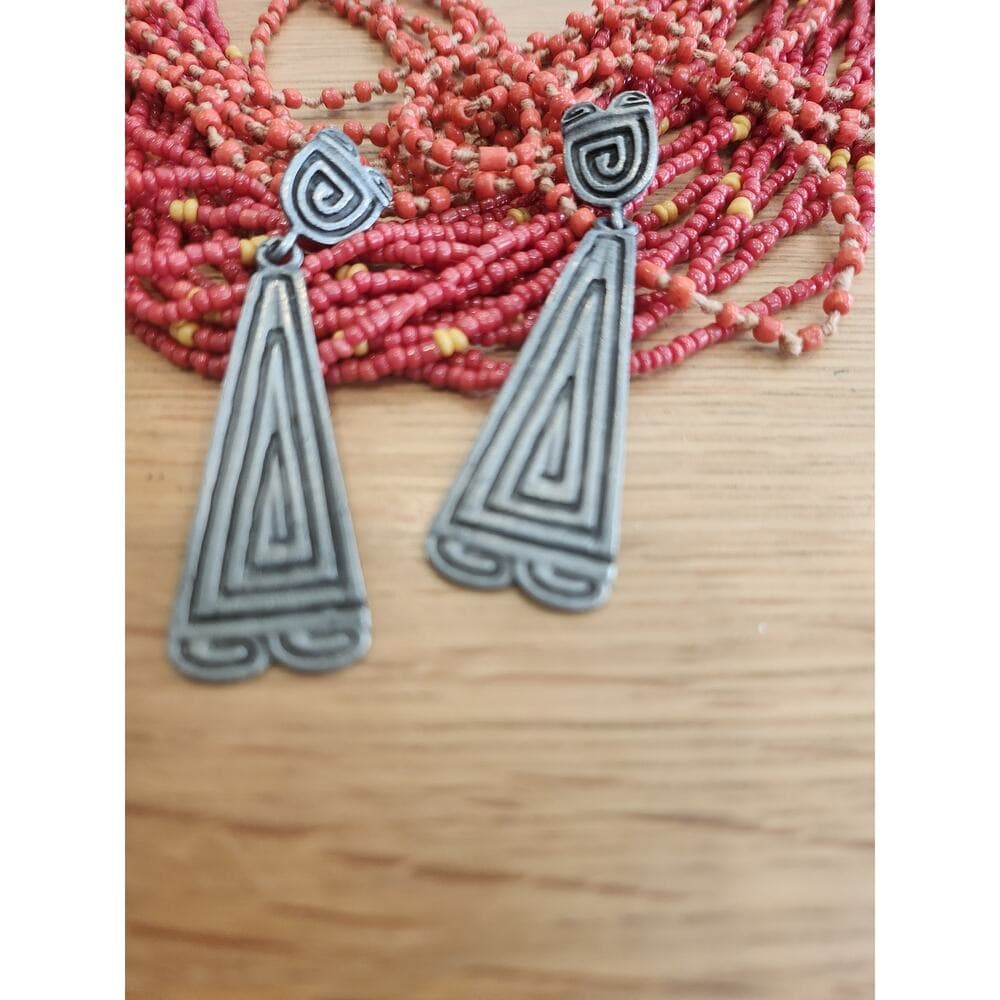 Tribal Style Made is USA Stamped Dangle Earrings Silver Tone Metal