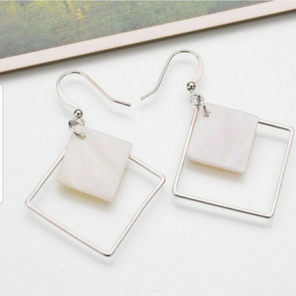 Unique Silver & Shell Double Square Drop Earrings