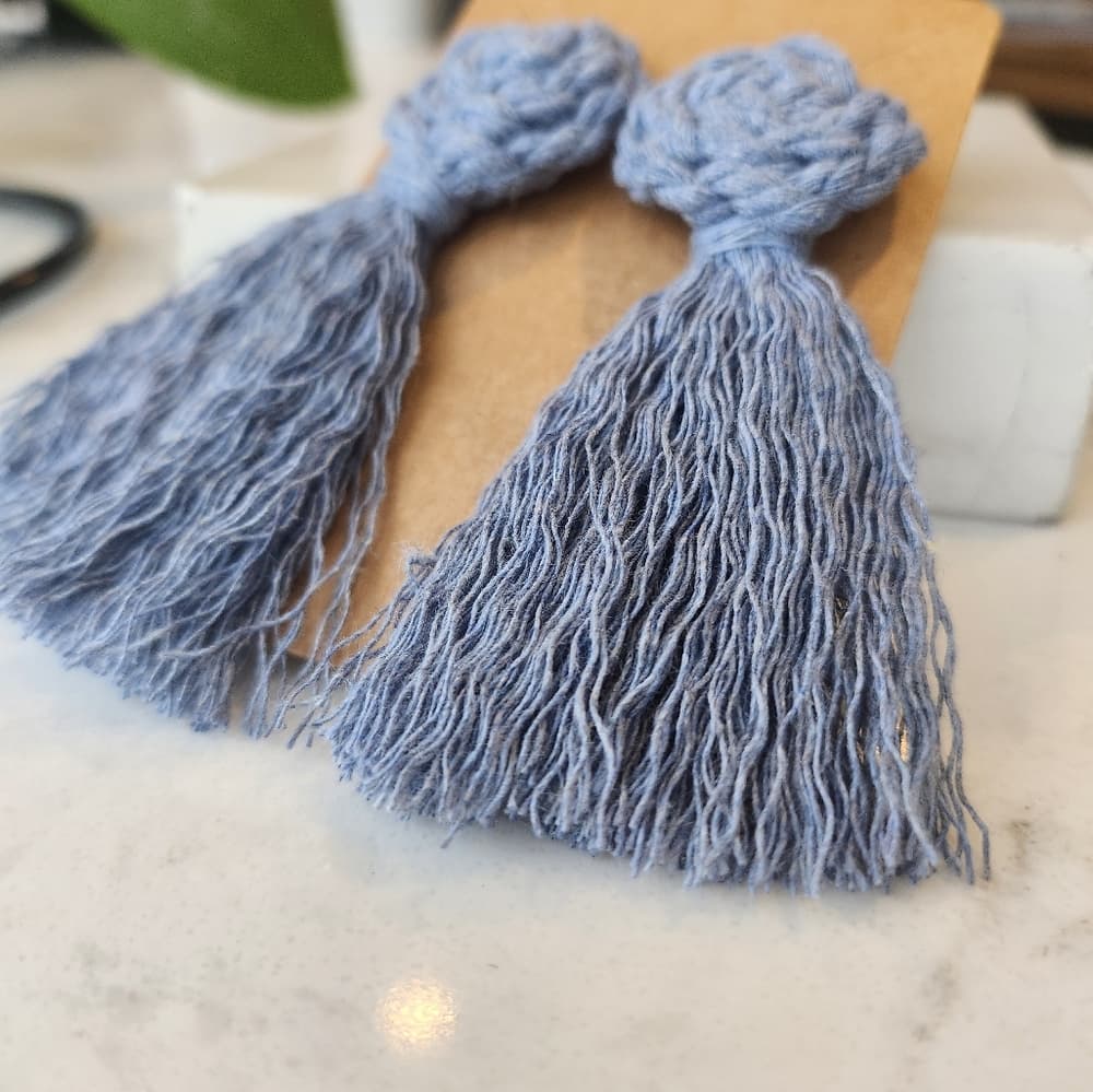 Handmade Macrame Pinwheel and Fringe Statement Tassel Earrings in Soft Blue