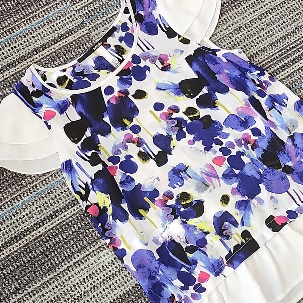Kensie Blue and Pink Floral Abstract Ivory Ruffle Blouse