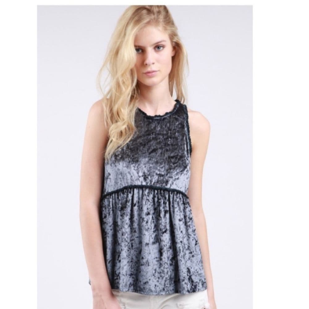 POL Crushed Velvet Blue Baby Doll Tank Top Crochet Lace Trim