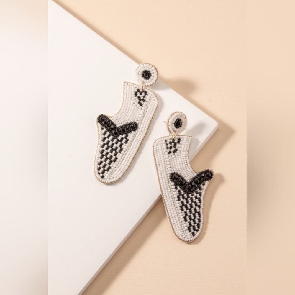 Black and White Seed Beaded Slip On Checkered Vans Shoes Earrings
