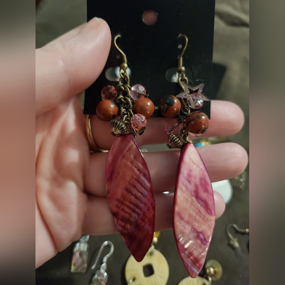 3 Pair Pink, Red and Brown Shell Beaded Dangle Drop Earrings