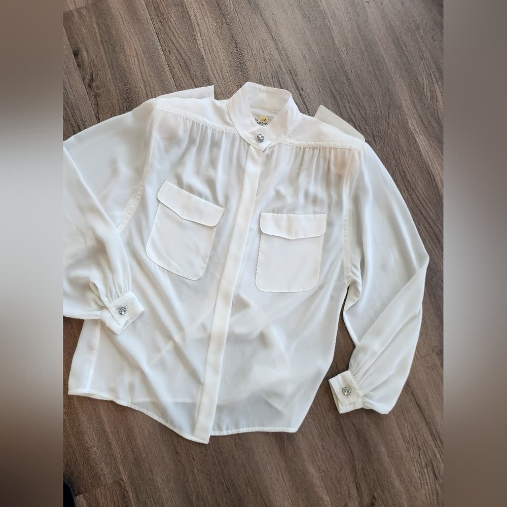 Vintage Liz Claiborne Sheer White Blouse With Sparkly Accents Shoulder Pads