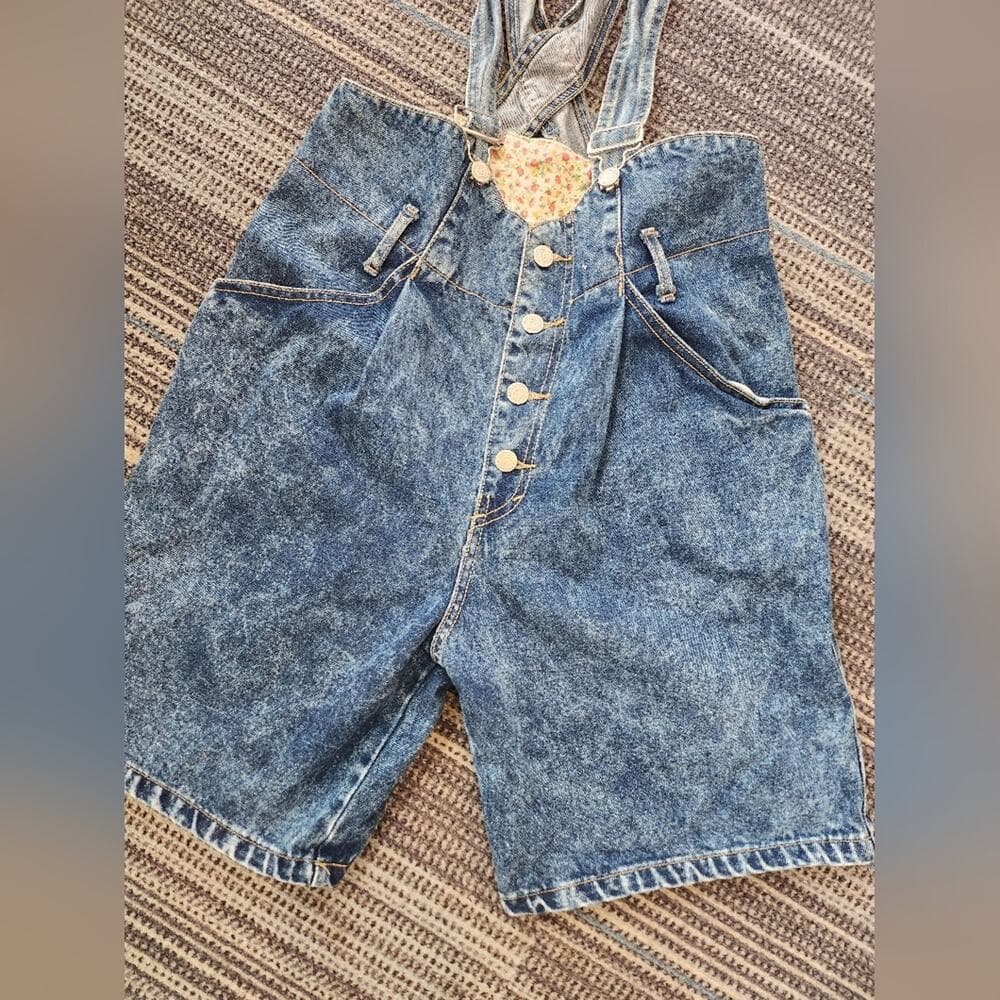 Vintage 1980s Acid Wash Distressed Denim Overall Shorts Made In Usa