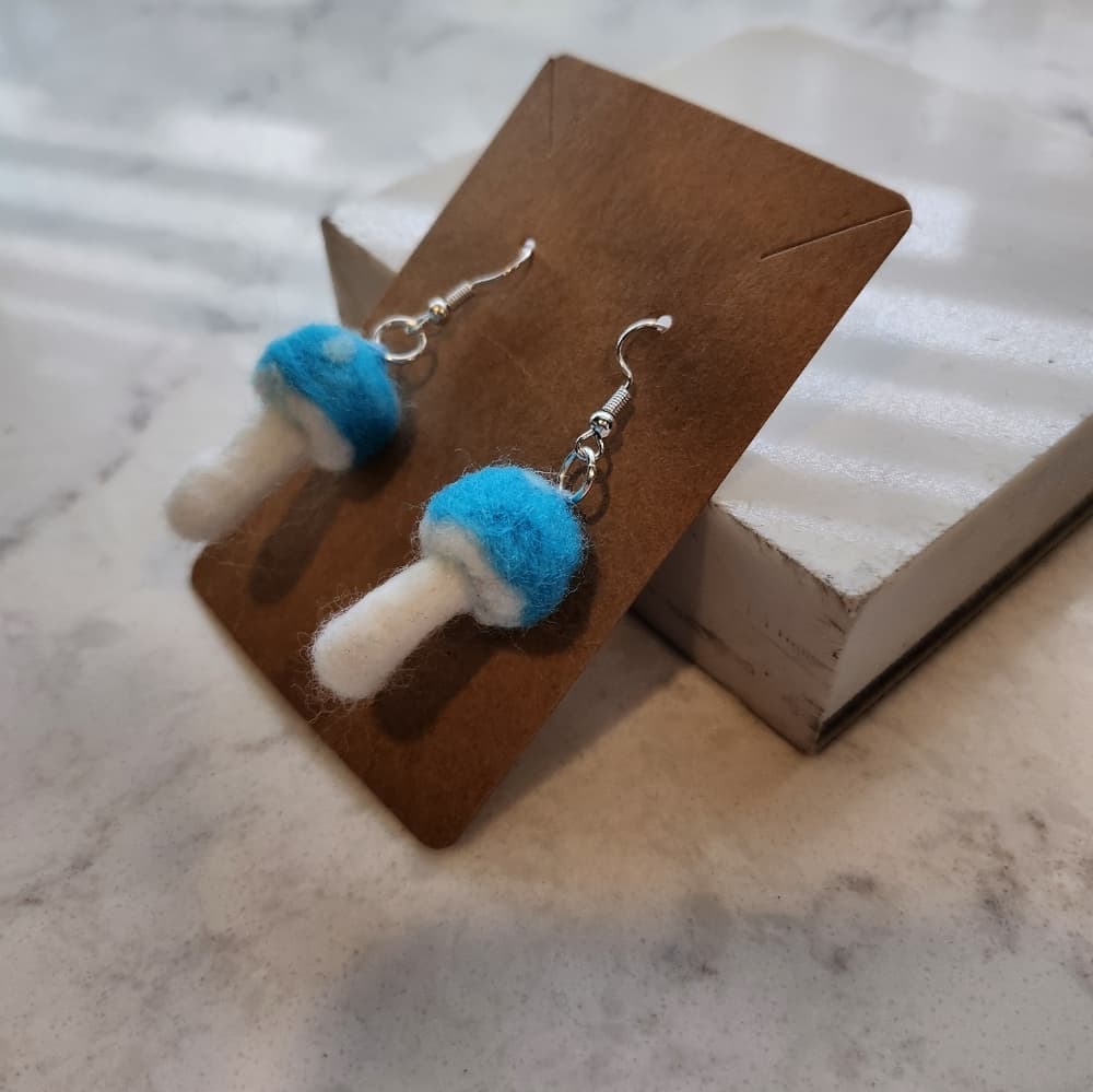 Vibrant Blue and White Polka Dot Needlefelted Handmade Mushroom Earrings