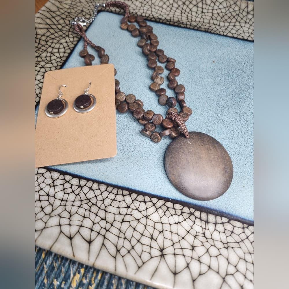 Brown Wood And Silver Tone Beaded Necklace and Earring Set