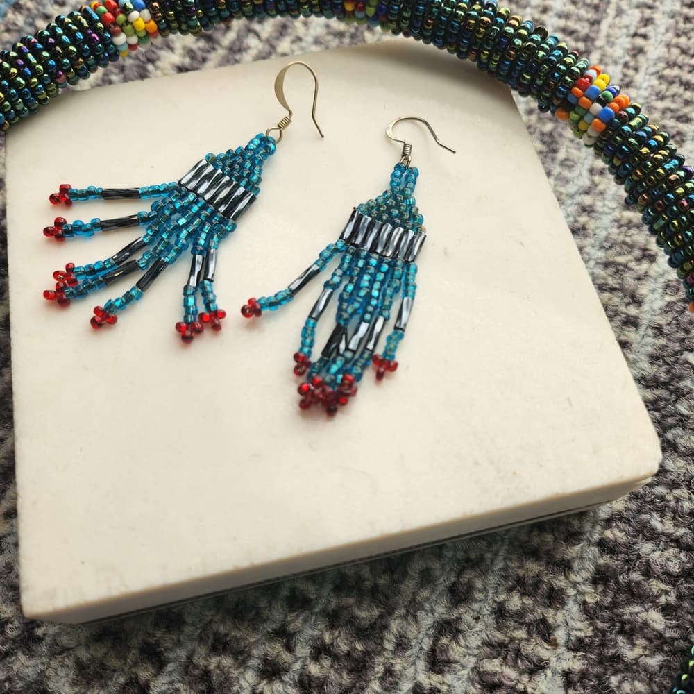 Beaded Fringe Earrings in Blue and Red And Oil Slick Black