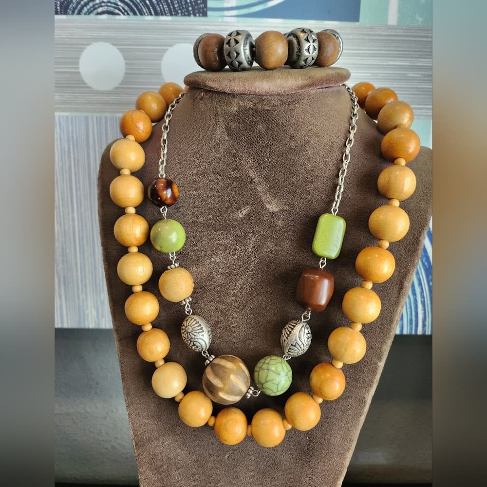 Bundle Of Chunky Wood Beaded Bracelet And Necklaces with Green + Metal Accents
