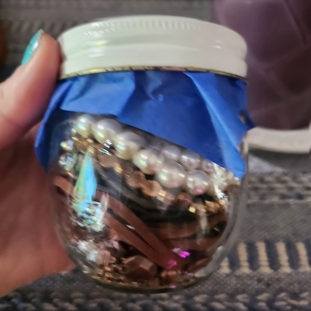 Curated Mystery Jewelry Jar Cpastal Grandma Theme Keepsakes Gold Tone Pearls