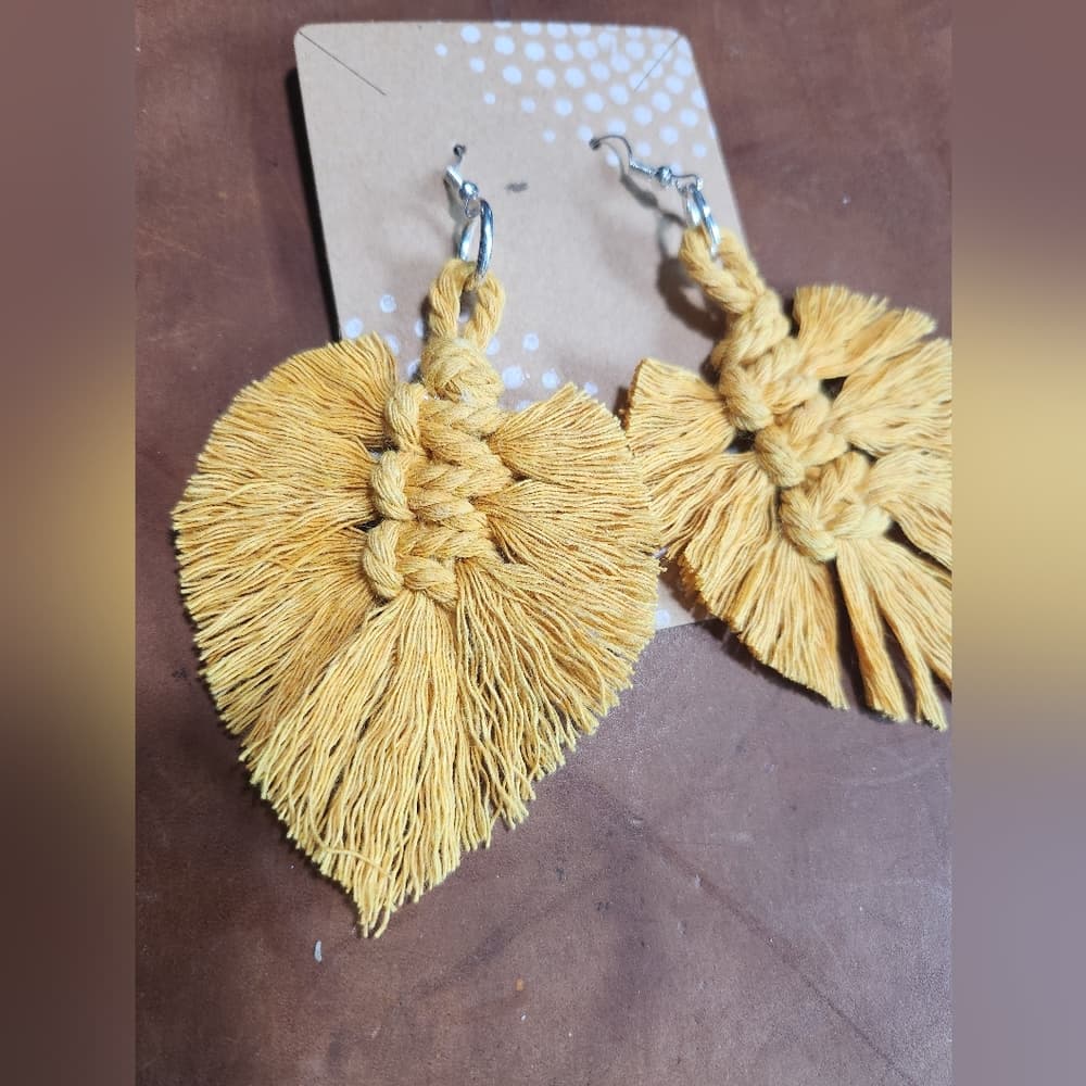 Chic Mustard Macrame Leaf Fringe Tassel Statement Earrings