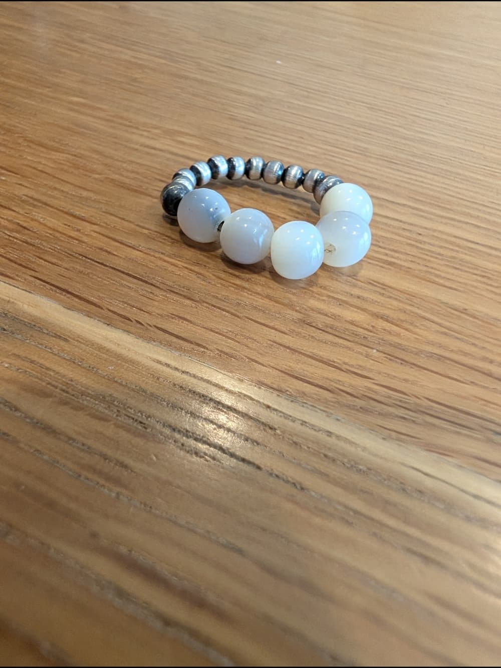 White Mother Of Pearl Stretch Ring with Desert Pearl Sterling Silver Beads
