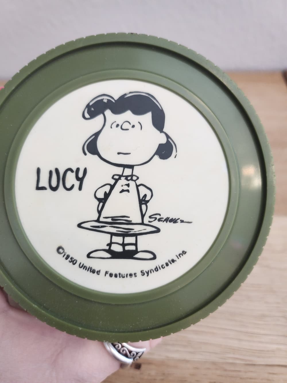 Vintage Lucy Peanuts Olive Green Round Container 1950 Hot Cold Thermous