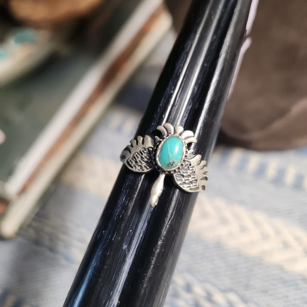 New- Sterling Silver And Oval Turquoise Thunderbird Desin Size 7.25