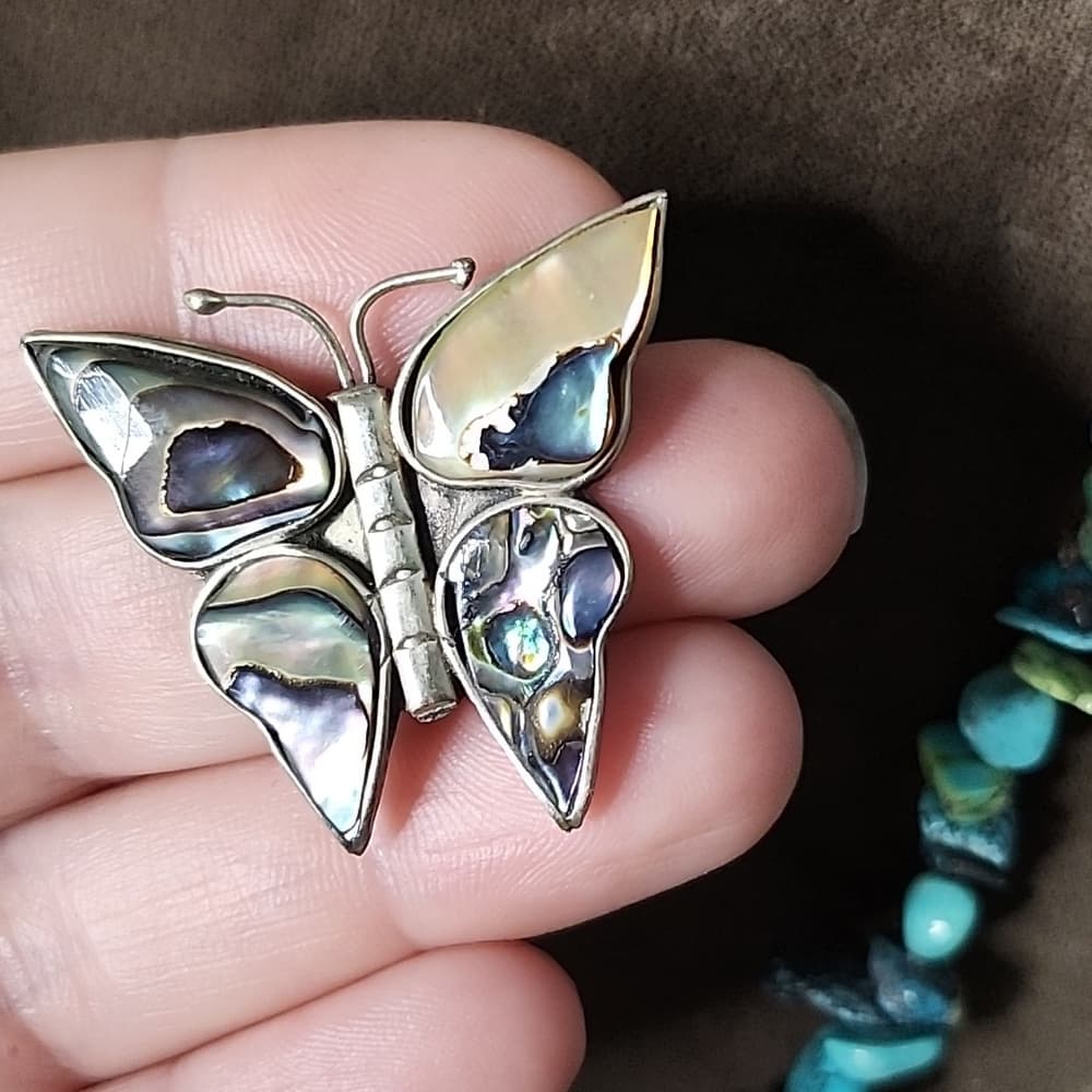 Gorgous Vintage Sterling Silver Butterfly Abalone Shell Alpaca Mexico Brooch