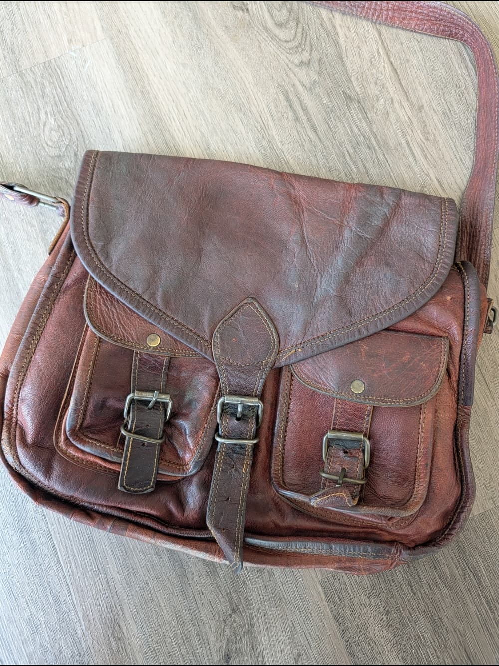 Vintage Komal's Rustic Well Loved Brown Genuine Leather Satchel Messenger Bag