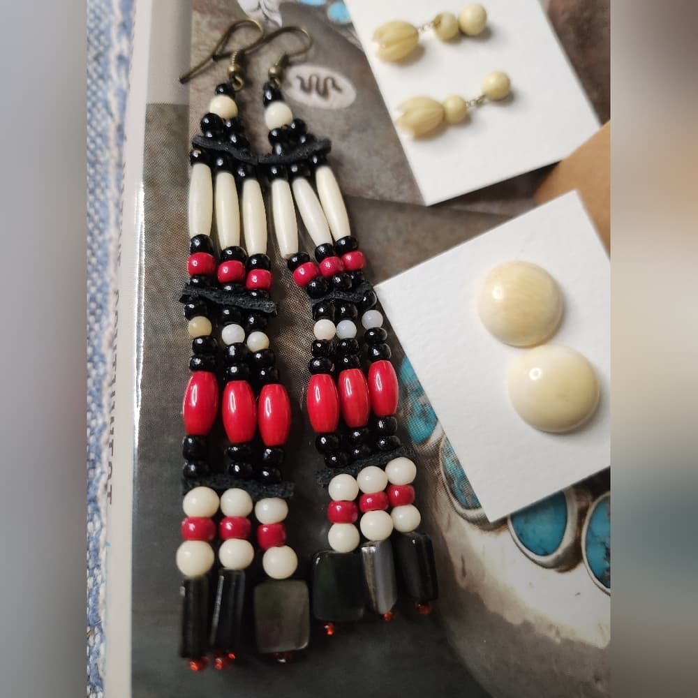 Southwestern Native Style Earring Lot With Carved Bone And Shell