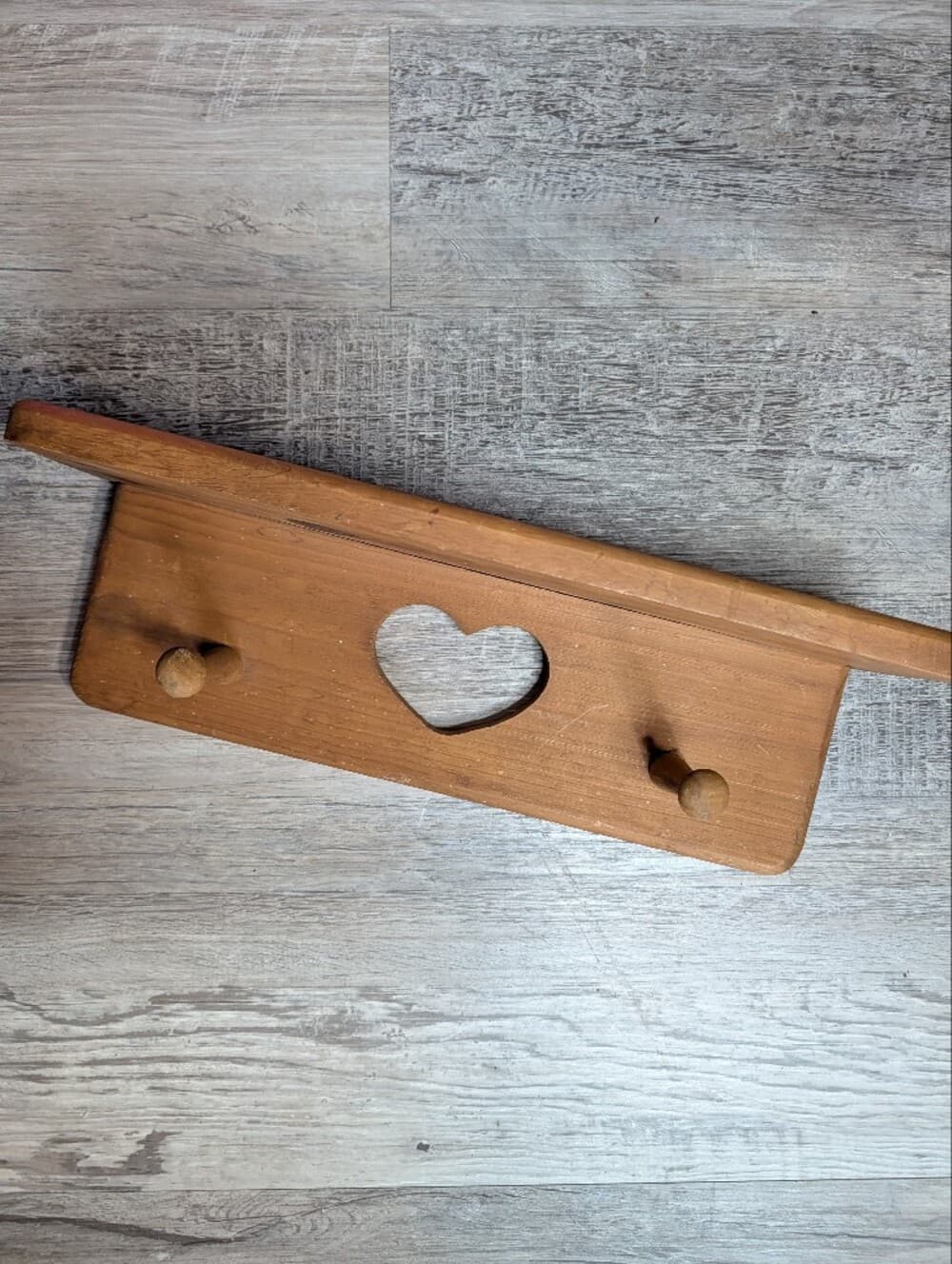 Vintage Wood Heart Peg Shelf Brown Cottage Country Folk
