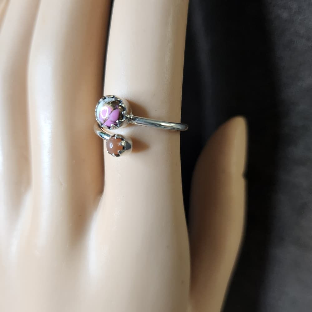 Dainty Sterling Silver Pink Cotton Candy Turuoise + Peach Moonstone Ring