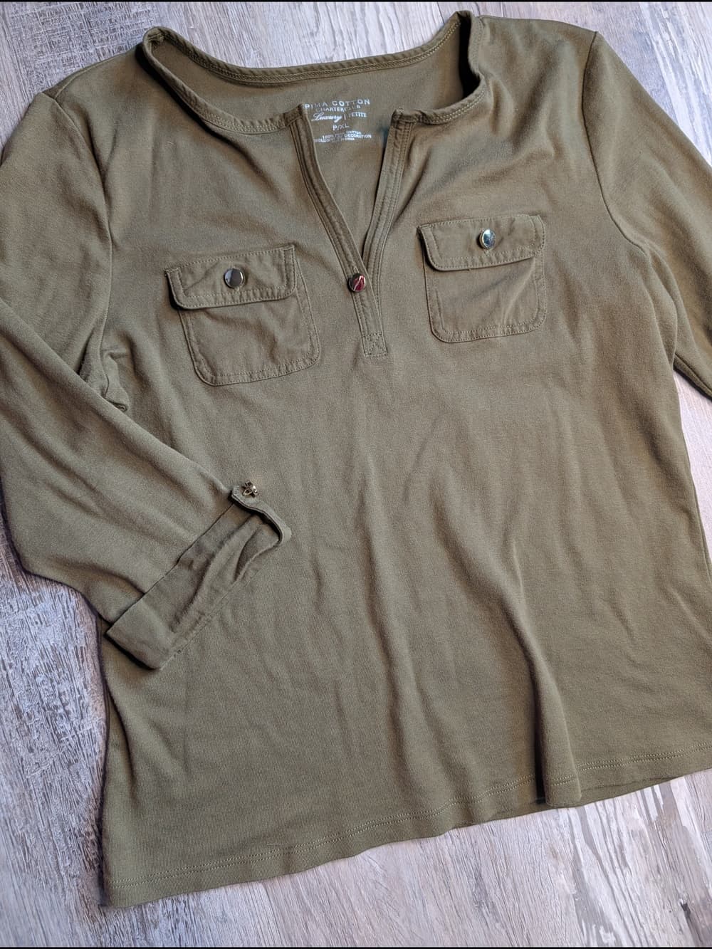 Charter Club Luxery Olive Green 3/4 Sleeve Pima Cotton Tee Gold Button