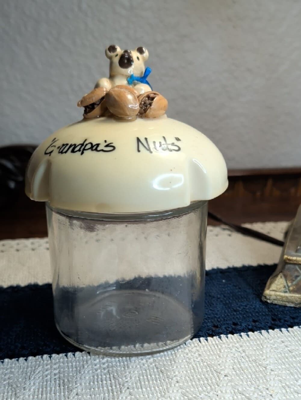 Vintage Grandpa's Nuts Bear Nut Topped Glass Jar with Bear Accent Funny Handmade