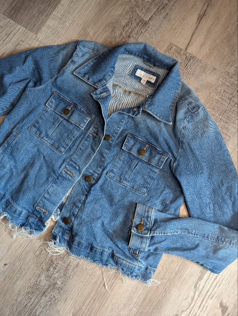 LOFT Blue Distressed Raw Hem Cropped Denim Jacket