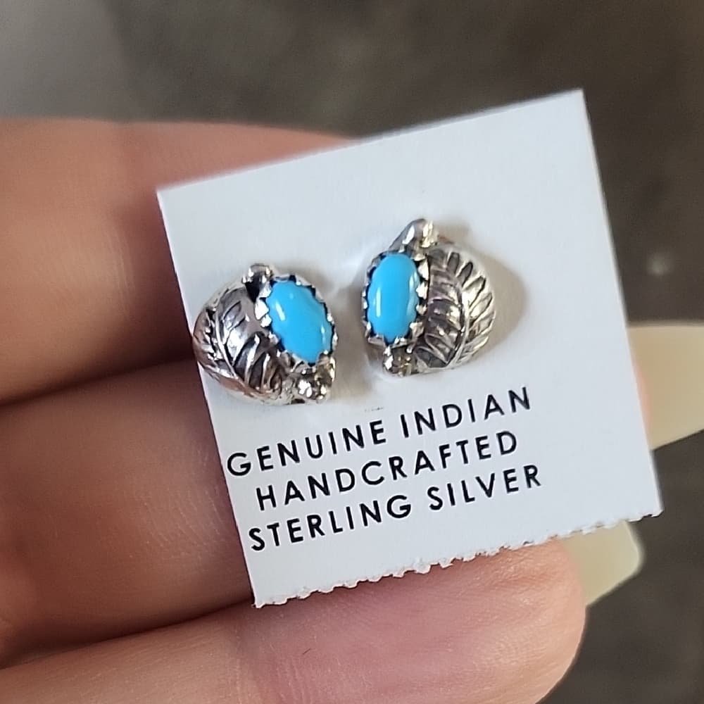Navajo Handmade Sterling Silver Turquoise Stud Earrings Floral Southwestern