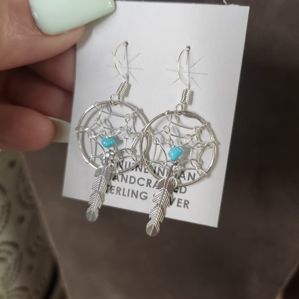 Navajo Handmade Sterling Silver Dreamcatcher Earrings with Turquoise | 925
