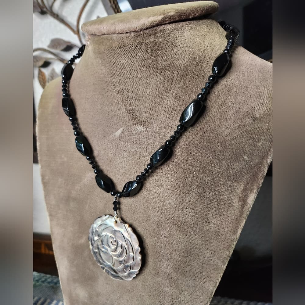 Carved Shell Rose Flower Pendant Black Onxy Beaded Statemwnt Necklace
