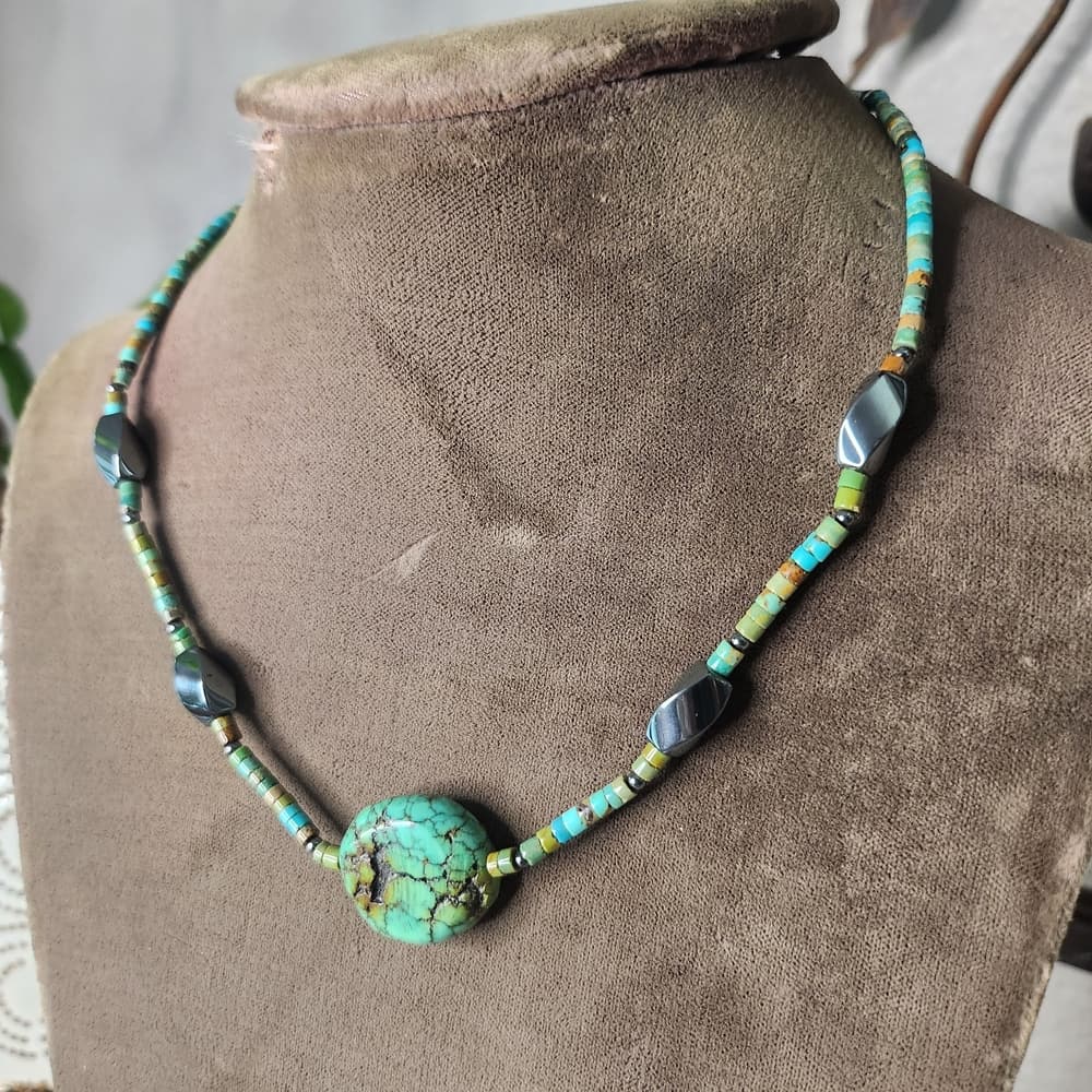 Turquoise Heishi and Black Hematite Beaded Necklace With Round Nugget