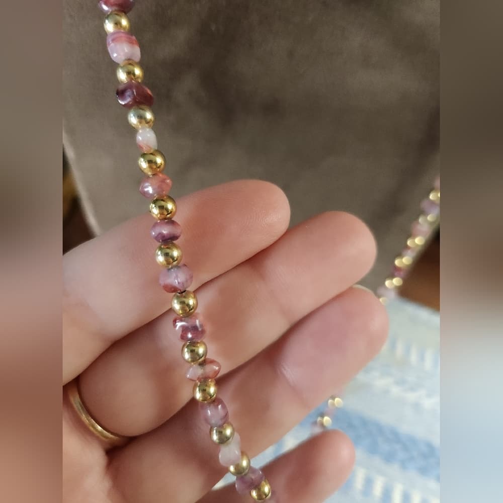 Vintage Napier Pink Purple Gemstone Chip and Gold Tone Long Beaded Necklace