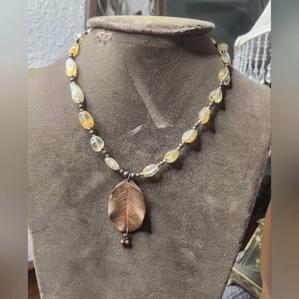 Beautiful Artisan Citrine and Copper Leaf Beaded Necklace