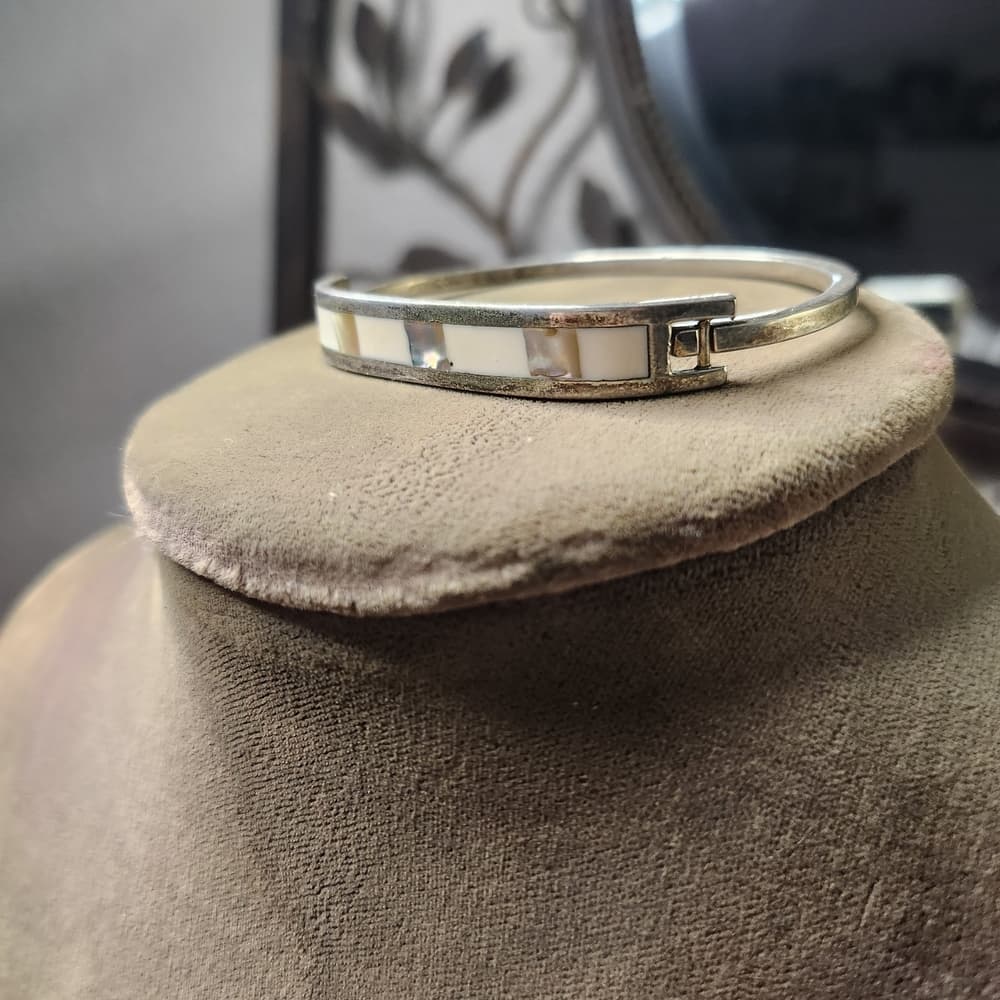 Elegant Silver Mother Of Pearl And Shell Inlay Bracelet Mexico