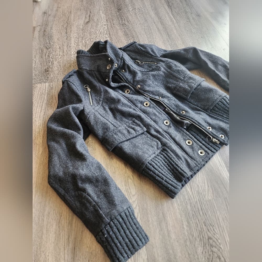 Express Thick Gray Wool Utility Military Style Jacket Zip Up With Stand Collar