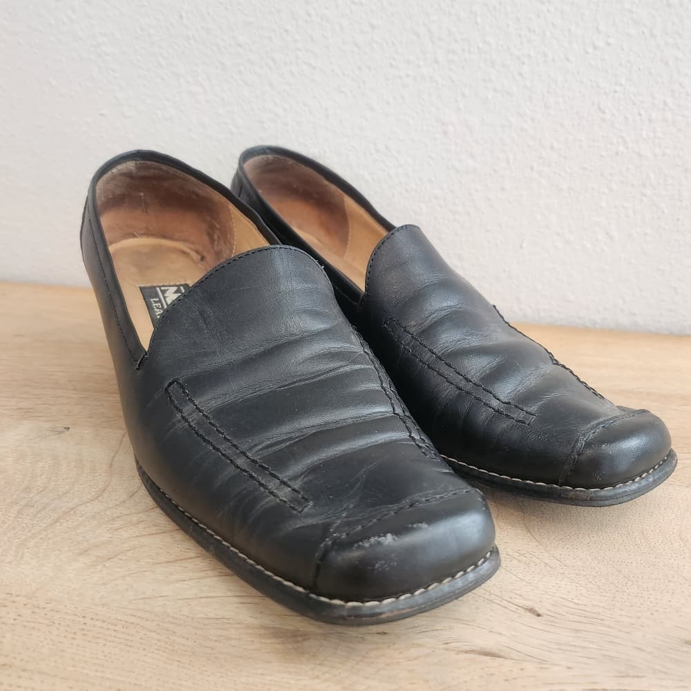 Vintage Novapiel Classic Black Leather Loafers Block Heel Square Toe