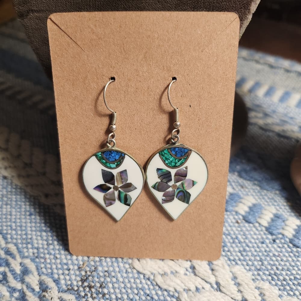 Vintage Alpaca Silver Shell Floral Turquoise Inlay Teardrop Dangle Earrings