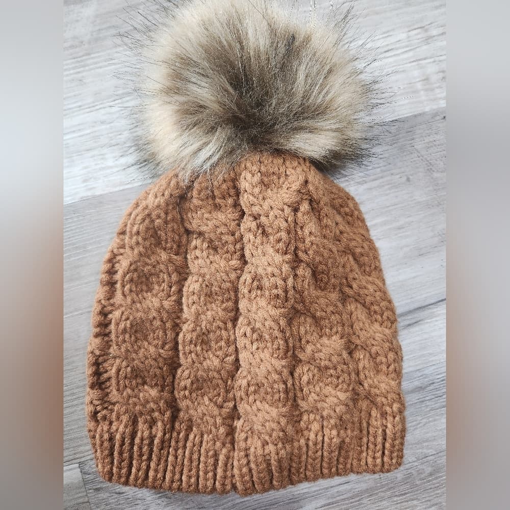 Cozy Brown Cable Knit Faux Fur Pom-Pom Beanie for Kids