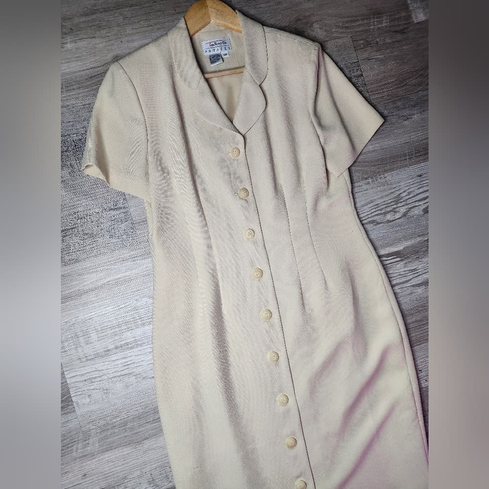 Vintage Talbots Cream Midi Button Down Business Casual Dress with Notched Collar