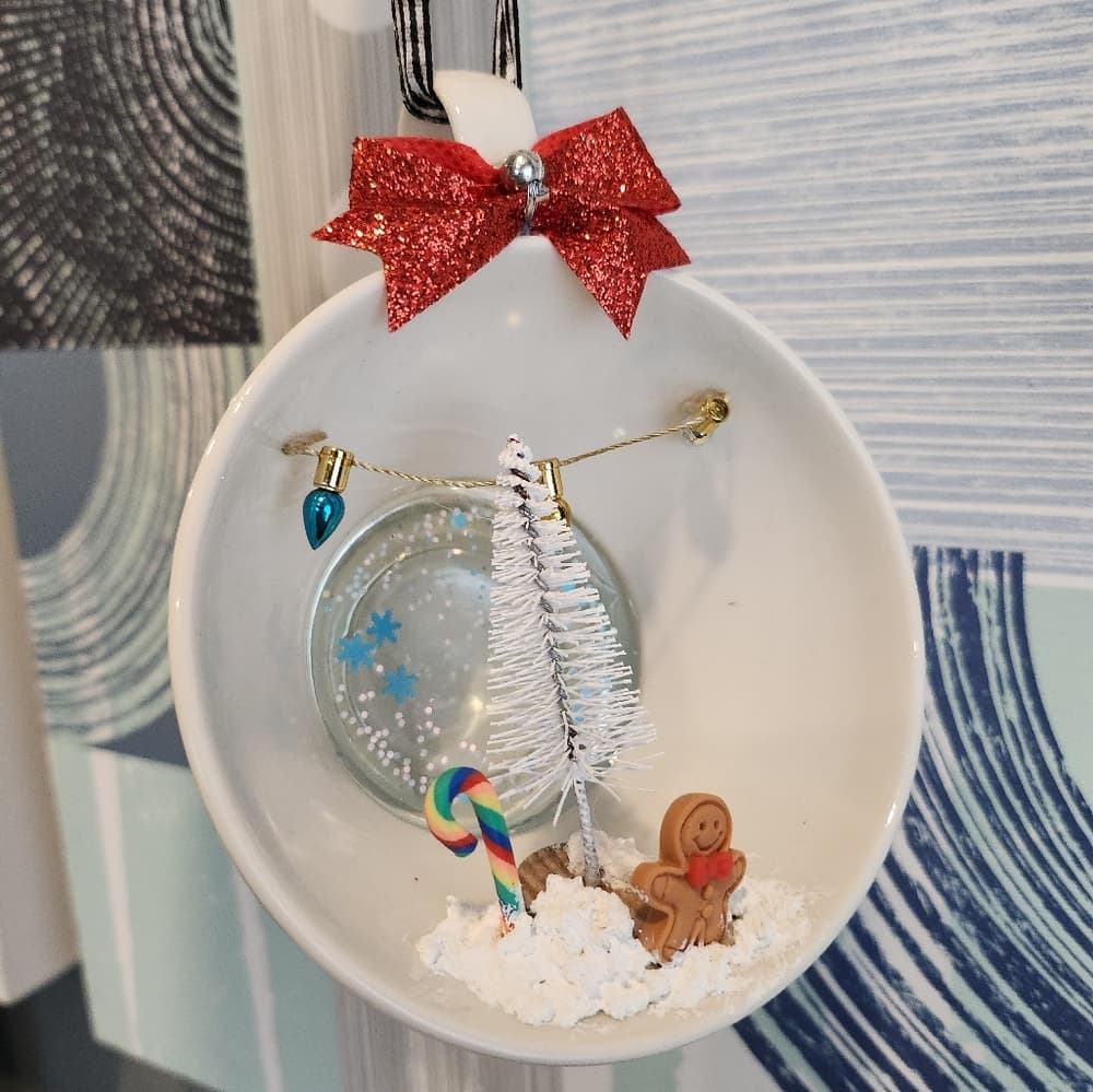 Vintage Coffee Cup Upcycled Holiday Christmas Tree Snow Scene Ornament
