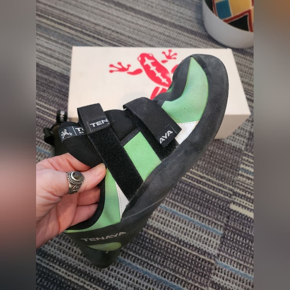 Tenaya Green and Black Climbing Shoes with Velcro Closure and Rubber Sole