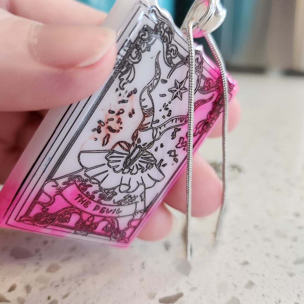 Handmade The Dev*l Tarot Card Pink and White Tie Dye Effect Pendant Necklace