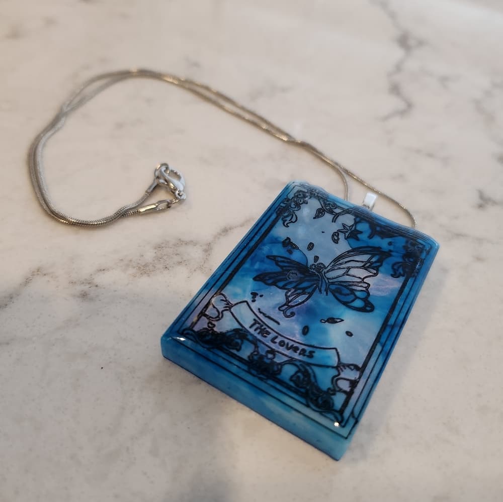 Blue Tie Dye Resin Tarot Card The Lovers Butterfly Hand Painted Glossy