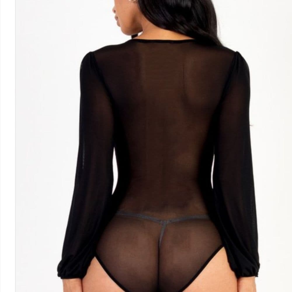 Long Black Balloon Sleeve Cropped Top and Sheer Body Suit