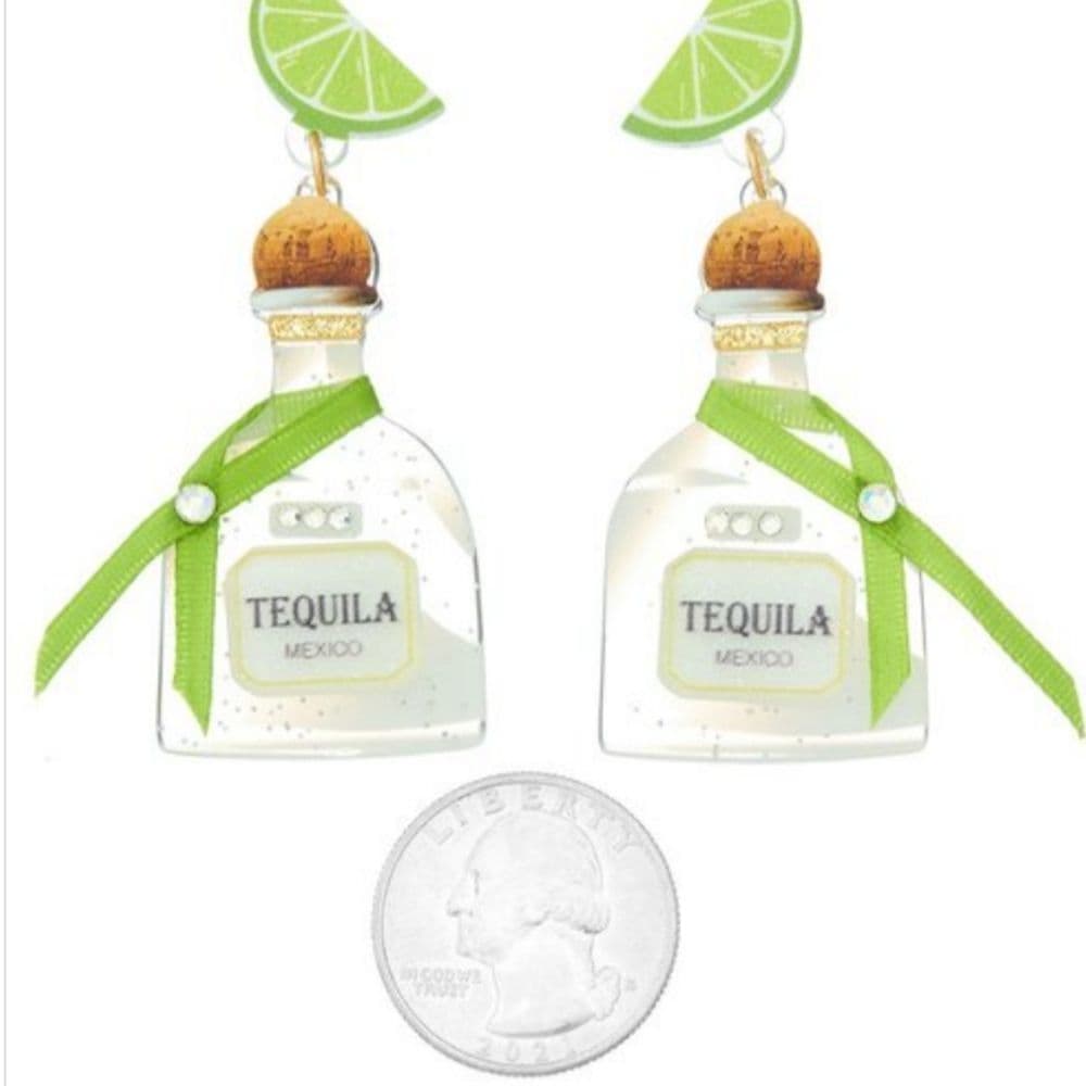 Sparkly Acrylic Tequila Bottle with Lime Post Dangle Earrings with Bling