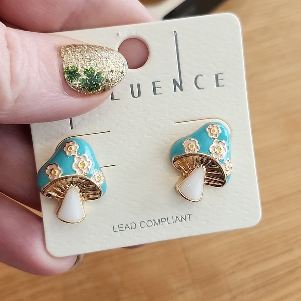 Turquiose Blue and Gold Enamel Mushroom Post Earrings