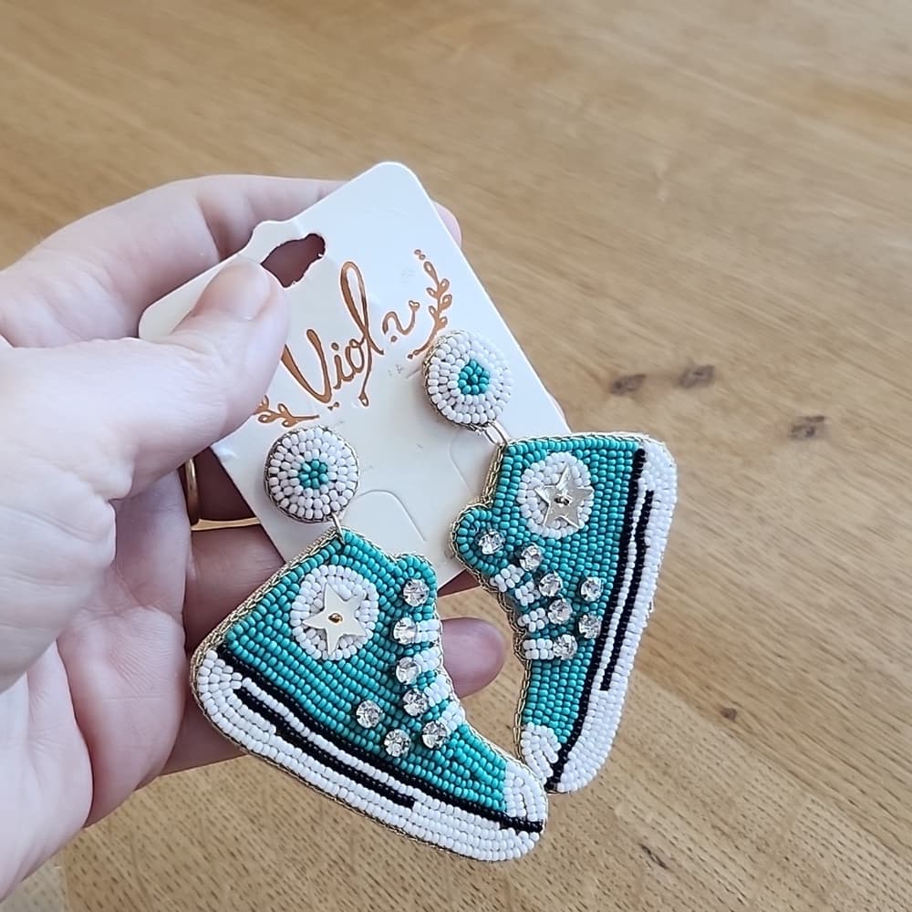 Super Cute Oversized High Top All Star Shoes Seed Beaded turquiose Stud Earrings