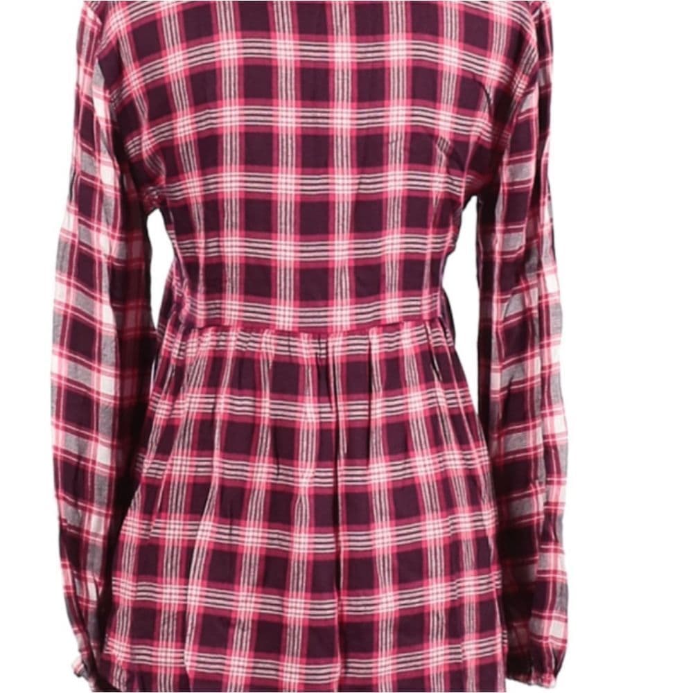 Pink Plaid Aeropostale Pullover Peplum Blouse Partial Button Up