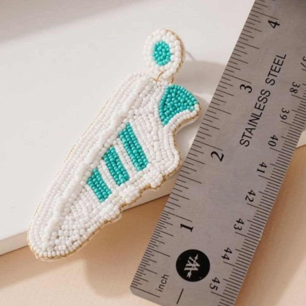 White and Turquoise Seed Beaded Old School Shell Toe Shoes Earrings