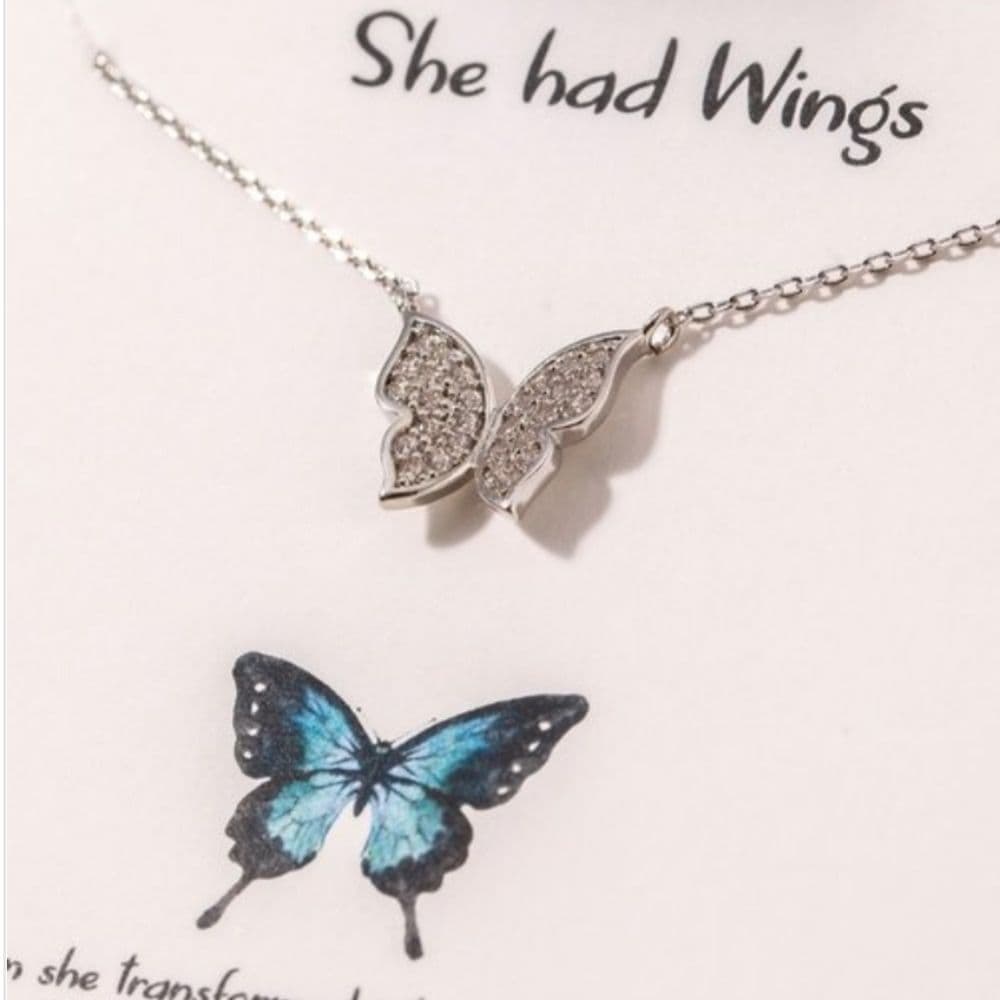 She Had Wings White Gold Dipped Cubic Zirconia Inspirational Butterfly Choker